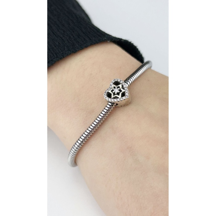 Kalp Içinde Zirkon Taşlı Yıldız, Pan Bileklik Için Çelik Charm 3, Gümüş Renk