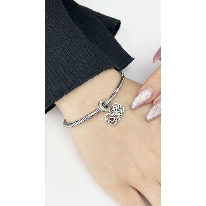 Anne, Pembe Kalp Zirkon Taşlı, Pan Bileklik Için Çelik Charm 6, Gümüş Renk