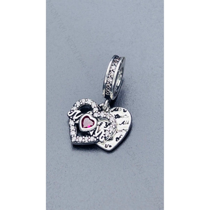 Anne, Pembe Kalp Zirkon Taşlı, Pan Bileklik Için Çelik Charm 6, Gümüş Renk