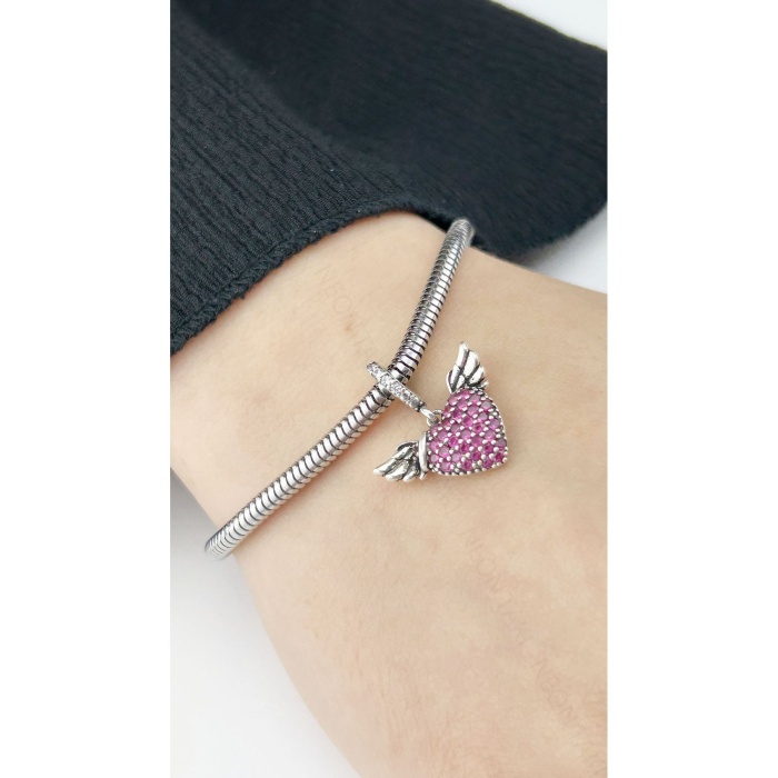Melek Kanatlı Ve Kalp , Sallantılı, Pan Bileklik Çelik Charm 10, Gümüş Renk