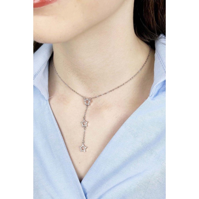 Zirkon Taşlı, Yıldızlı Y Kolye, Paslanmaz Çelik 422, Gümüş Renk