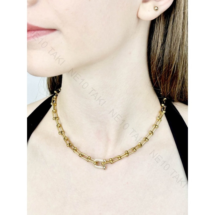 Kolye, Zirkon Taşlı, Kararmayan Paslanmaz Çelik, Orta Tek Halkası Taşlı, Altın Renk, Model104