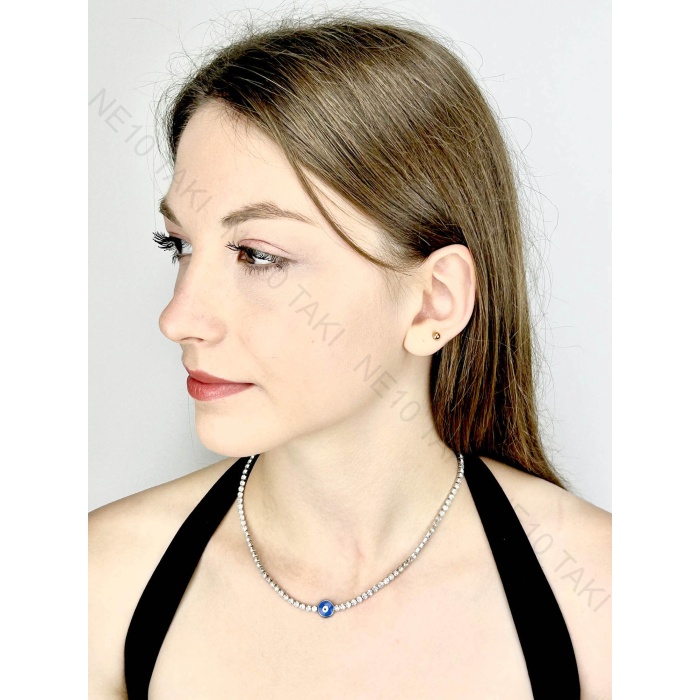 Kolye, Zirkon Taşlı, Kararmayan Paslanmaz Çelik, Su yolu, Nazar Detaylı, Gümüş Renk, Model246