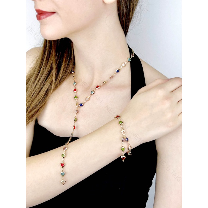 Y Kolye ve Bileklik Seti, 2 parça, Taşlı, Çok Renkli, Kalpli, Set 61, Kasa Altın Renk