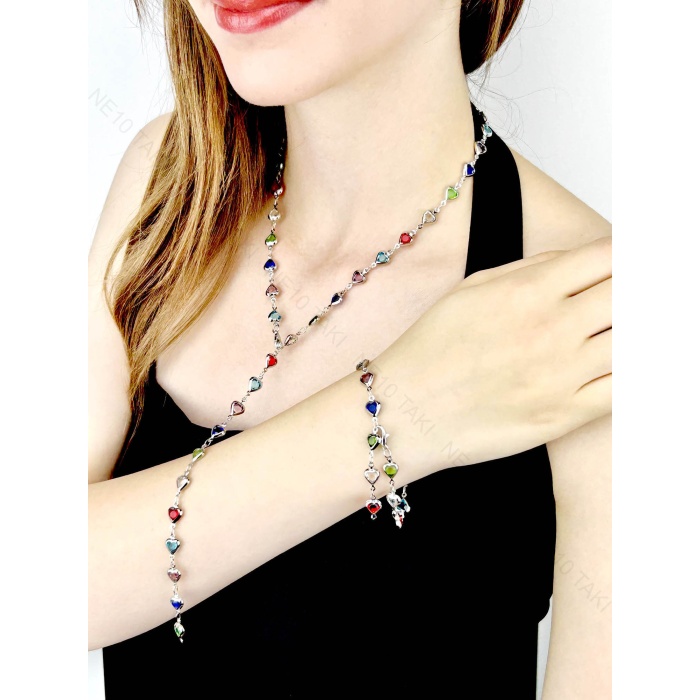 Y Kolye ve Bileklik Seti, 2 parça, Taşlı, Çok Renkli, Kalpli, Set 62, Kasa Gümüş Renk