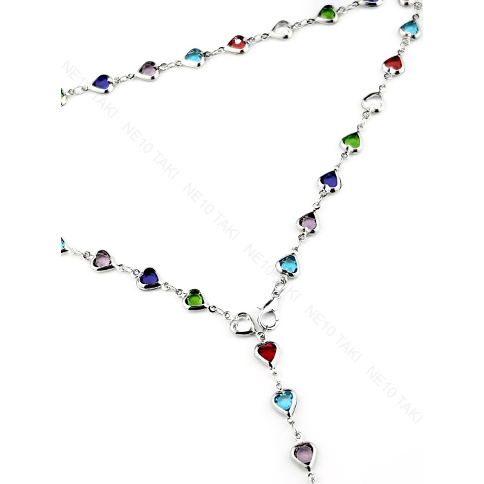 Y Kolye, Taşlı, Çok Renkli, Kalpli, Kolye 433, Kasa Gümüş Renk