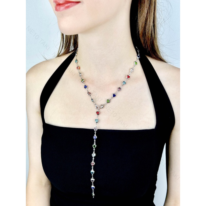 Y Kolye, Taşlı, Çok Renkli, Kalpli, Kolye 433, Kasa Gümüş Renk