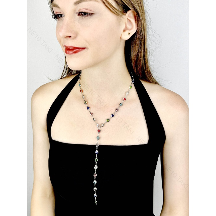 Y Kolye, Taşlı, Çok Renkli, Kalpli, Kolye 433, Kasa Gümüş Renk