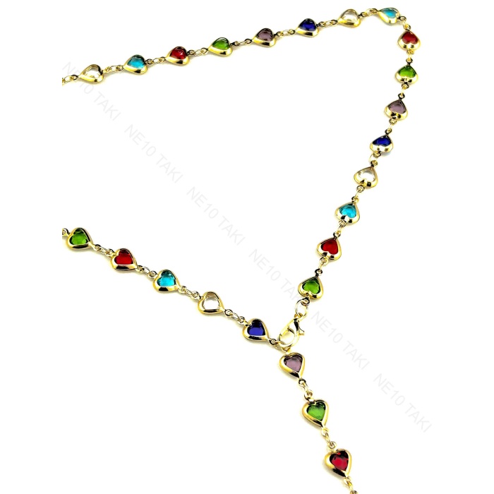 Y Kolye, Taşlı, Çok Renkli, Kalpli, Kolye 432, Kasa Altın Renk