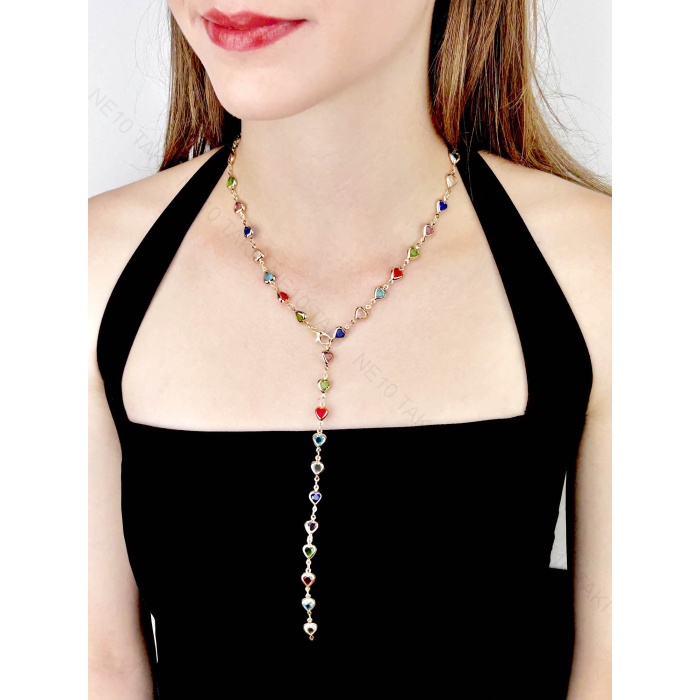 Y Kolye, Taşlı, Çok Renkli, Kalpli, Kolye 432, Kasa Altın Renk