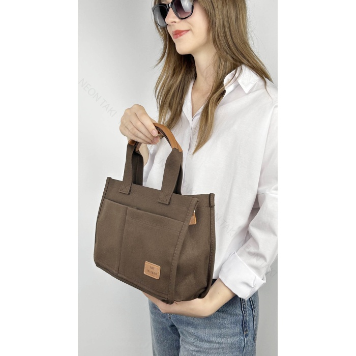 Kanvas Kumaş, İki adet Ön Cepli Tote El ve Omuz Çantası Acı Kahve, 69