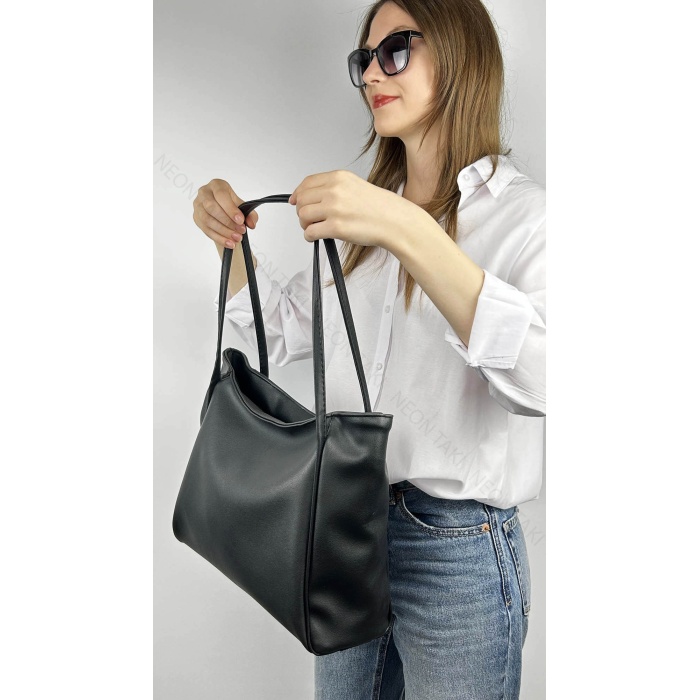Çift Saplı Yumuşak Deri Omuz ve El Çantası Siyah, 70