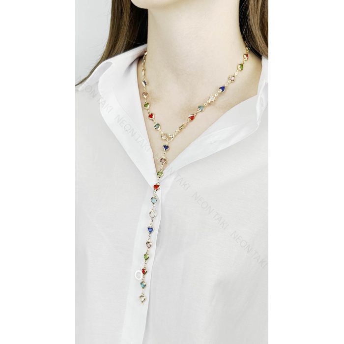 Y Kolye, Taşlı, Çok Renkli, Kalpli, Kolye 432, Kasa Altın Renk