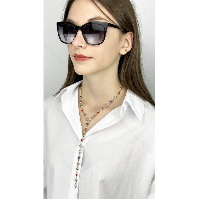 Y Kolye, Taşlı, Çok Renkli, Kalpli, Kolye 432, Kasa Altın Renk