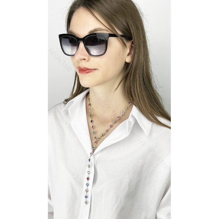 Y Kolye, Taşlı, Çok Renkli, Kalpli, Kolye 433, Kasa Gümüş Renk