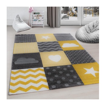 Kareli Yıldız Kalp Bulut Desenli Soft Çocuk odası halısı Gri Sarı Beyaz