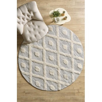 Yuvarlak Halı Yumuşak Bukle Tabanlı Modern Kabartmalı 3D Kare Dalga Desenli Krem Gri Renkli Halı