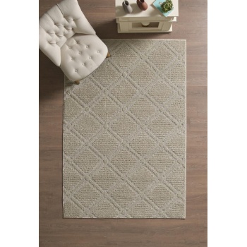 Yumuşak Peluş Tüylü İskandinav desenli Kabarık Bukleli Bej Renkli Halı