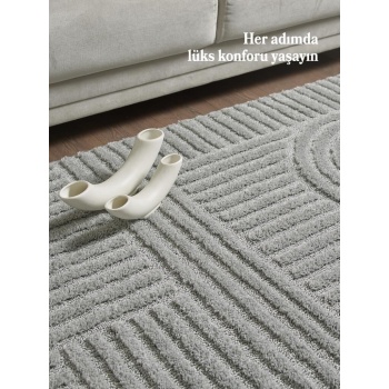 Yumuşak Peluş Tüylü İskandinav desenli Kabarık Bukleli Gri Renkli Yuvarlak Halı