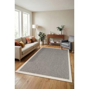 Çerçeveli Bohem Dokunuşlu Doğal Tonlarda Modern Sisal Gri Krem Renk Halı