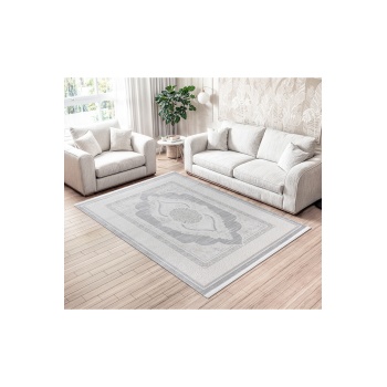 Osmanlı Medalyonlu Halı Desenli Pamuk Tabanlı Salon - Oturma Odası  Gri Renk Halı