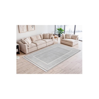 Meander Desenli Pamuk Tabanlı Salon - Oturma Odası  Gri Renk Halı