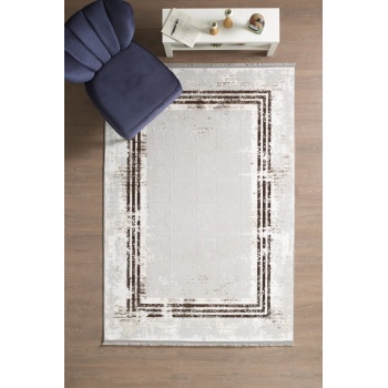 Modern Tasarımlı Pamuk Tabanlı Karo Mermer Desenli Saçaklı  Kahverengi Renkli Halı