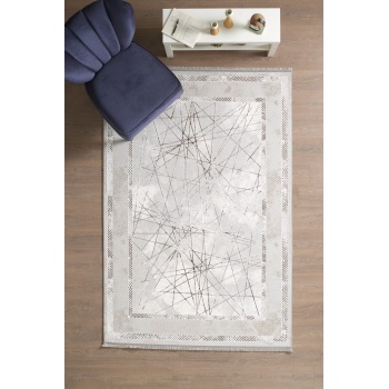 Modern Tasarımlı Pamuk Tabanlı Geometrik desenli Saçaklı Bej Renkli Halı