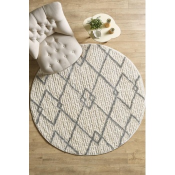 Yuvarlak Halı Yumuşak Bukle Tabanlı Modern Kabartmalı Izgara Desenli Krem Gri Renkli Halı