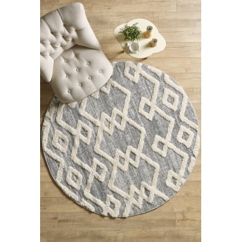 Yuvarlak Halı Yumuşak Bukle Tabanlı Modern Kabartmalı 3D INKA Motif Desenli Krem Gri Renkli Halı