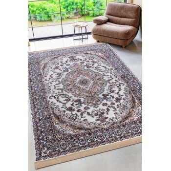 Merkez Medalyonlu Geleneksel İran Halısı Desenli Krem Bej Tonlarında Halı