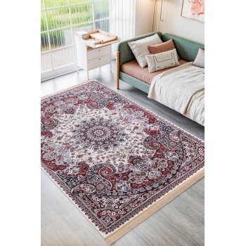 Burgonya ve Lacivertin Dansı İran Tarzı Krem Tonlarında Halı