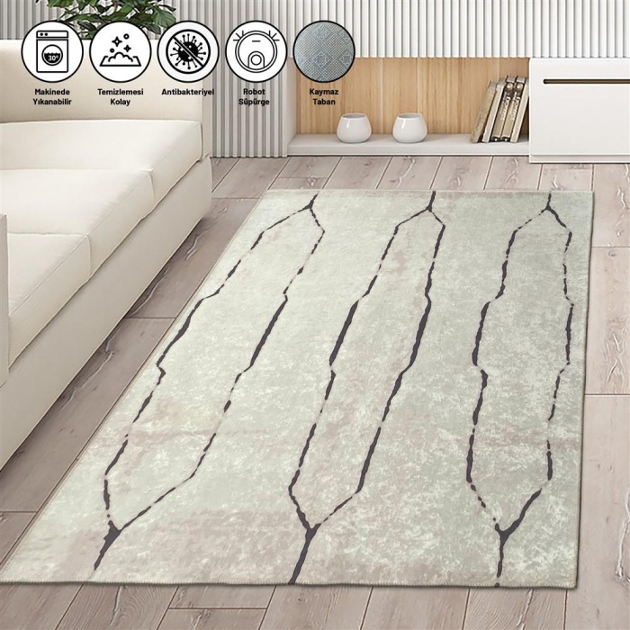 İskandinav Çizgi desenli Krem Renkli Modern Halı Kaymaz Taban Makinada Yıkanabilir