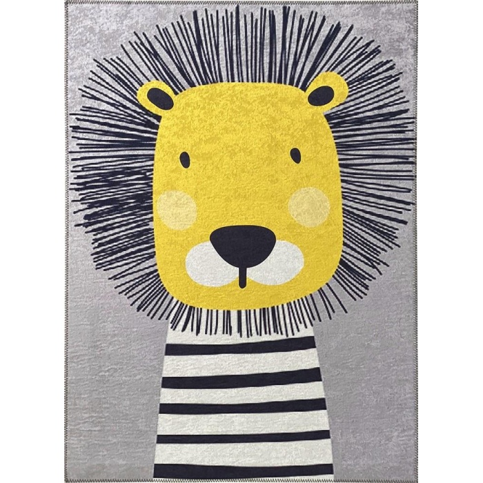 Çocuk Bebek Halısı Sevimli Aslan desenli Gri Halı Yıkanabilir Kaymaz Taban