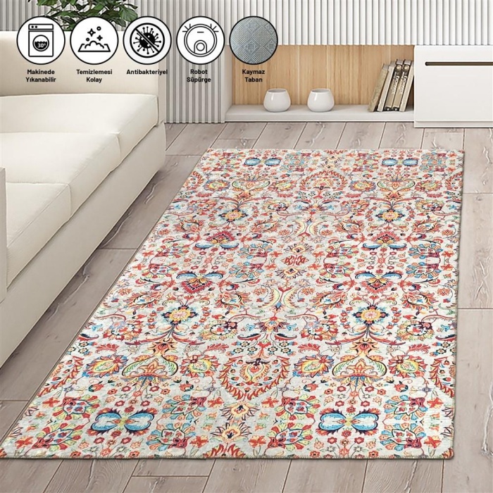 Halı Eskitme Osmanlı desenli Salon Oda Mutfak Halısı Kırmızı Beyaz Kaymaz Yıkanabilir