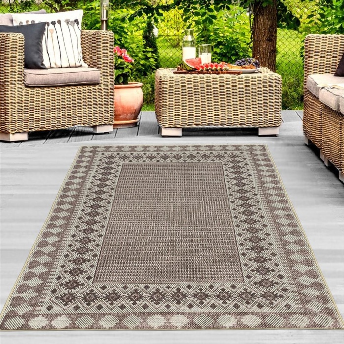 Dış Mekan Jüt Hasır Halı Dokuma Taban kilim desenli Krem Bej