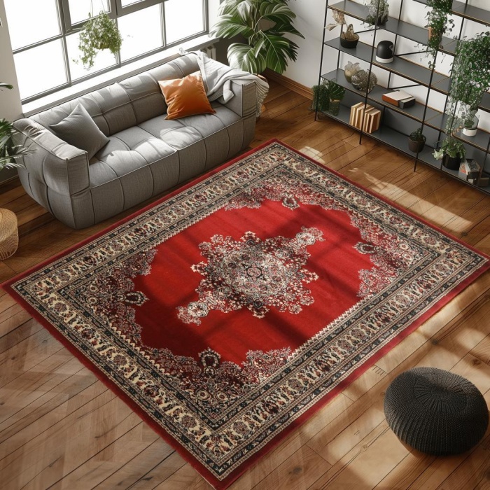 Klasik desenli Salon Halısı Dokuma Halı Iran tarzı Madalyon süsleme Bordo Krem