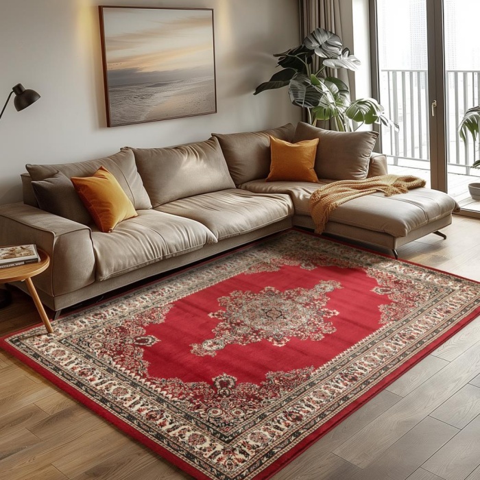 Klasik desenli Salon Halısı Dokuma Halı Iran tarzı Madalyon süsleme Bordo Krem