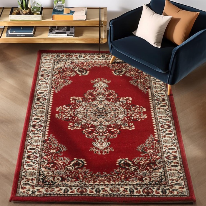 Klasik desenli Salon Halısı Dokuma Halı Iran tarzı Madalyon süsleme Bordo Krem