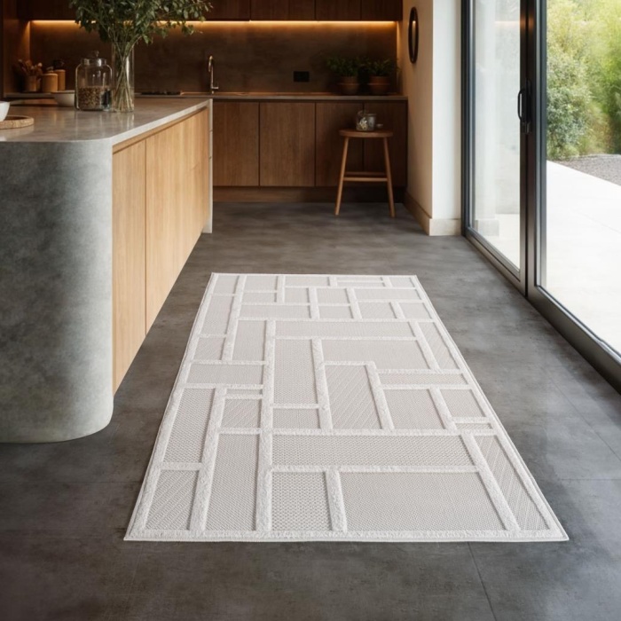 Krem Sisal kareli Bohem Halı İç Dış Mekan Teras Balkon Salon Mutfak Oda Çocuk Halısı