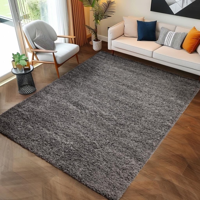 Yüksek Tüylü 30 mm Hav Yüksekliğinde Düz Gri Renkli Shaggy Halı