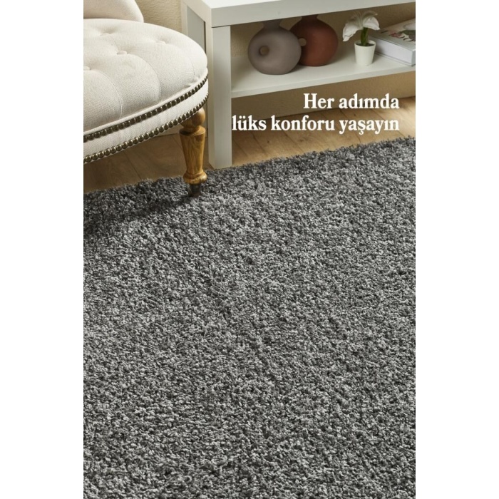 Yüksek Tüylü 30 mm Hav Yüksekliğinde Düz Gri Renkli Shaggy Halı