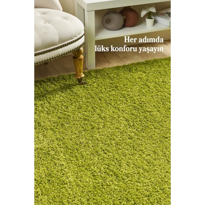 Yüksek Tüylü 30 mm Hav Yüksekliğinde Düz Yeşil Renkli Shaggy Halı