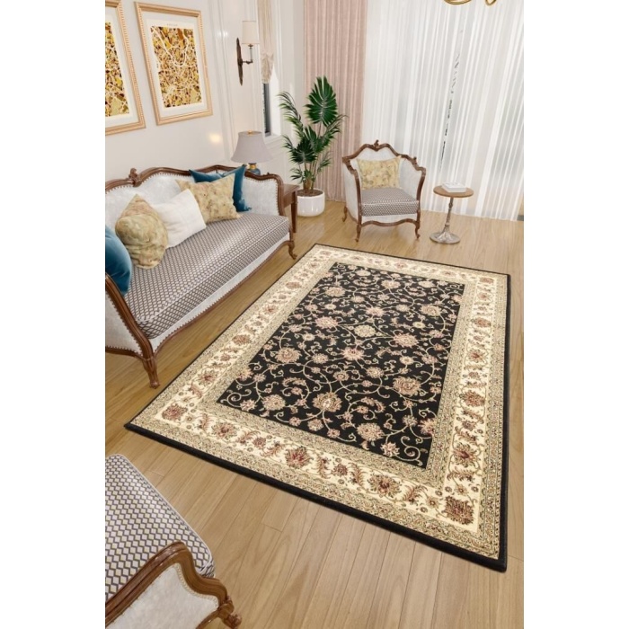 İran Tarzı Klasik Desenli Barok süslemeli Siyah Gold Bej Renkli Halı