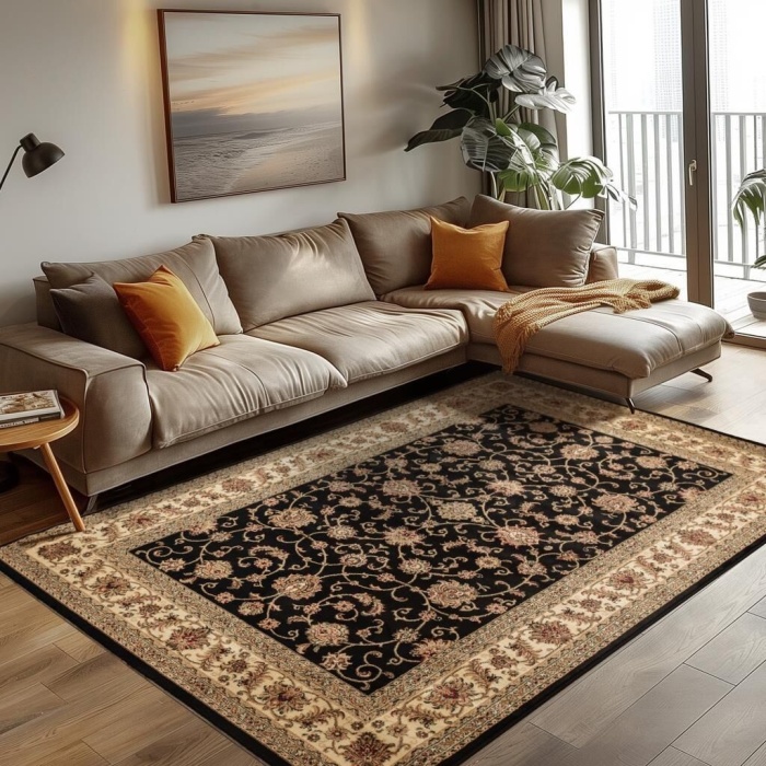 İran Tarzı Klasik Desenli Barok süslemeli Siyah Gold Bej Renkli Halı