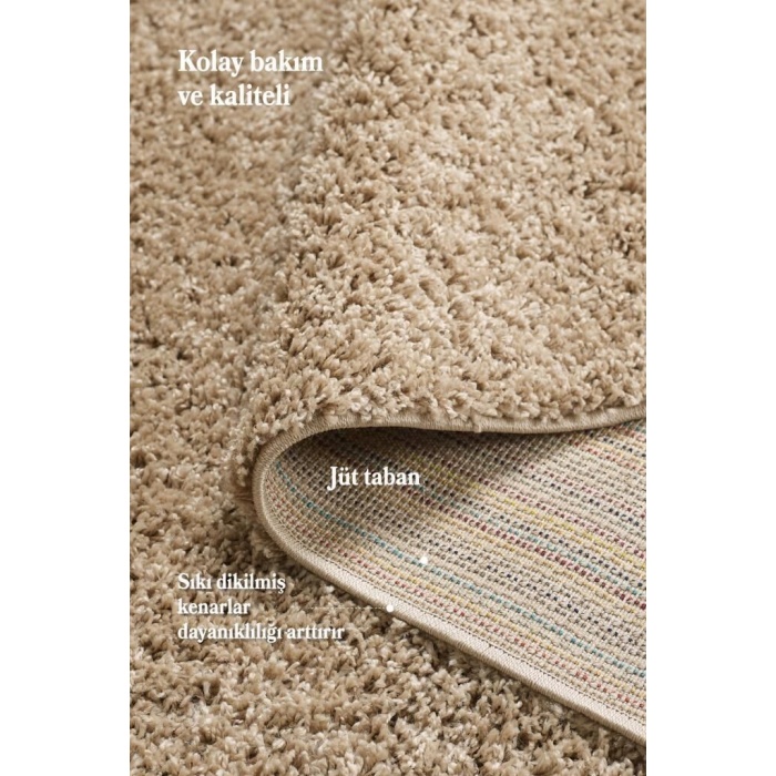 Yuvarlak Shaggy Halı 30 mm uzun ve yüksek tüylü Düz Bej renkli