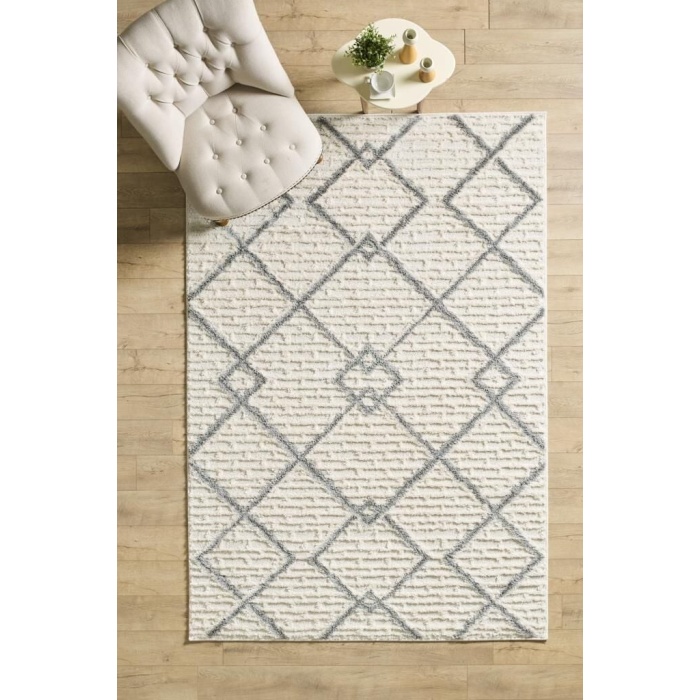 Yumuşak Bukle Tabanlı Modern kabartmalı 3D Izgara Desenli Krem Gri Renkli Halı