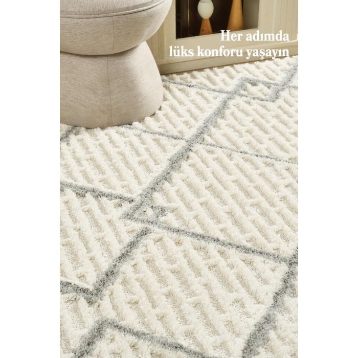 Yumuşak Bukle Tabanlı Modern kabartmalı 3D Izgara Desenli Krem Gri Renkli Halı