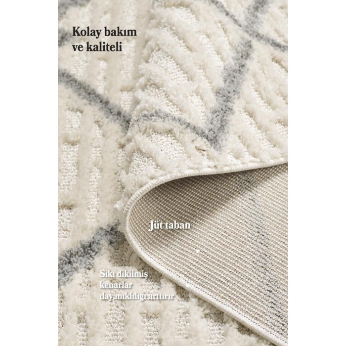 Yumuşak Bukle Tabanlı Modern kabartmalı 3D Izgara Desenli Krem Gri Renkli Halı