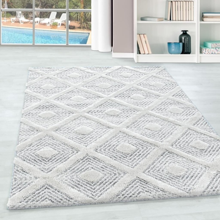 Yumuşak Bukle Tabanlı Modern kabartmalı 3D Kare Dalga Desenli Gri Renkli Halı